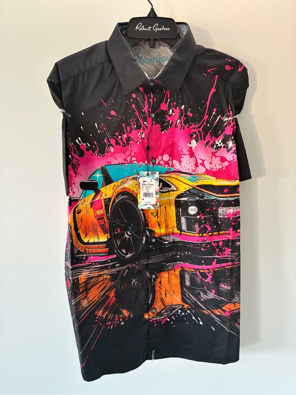 Robert Graham SPLASH DRIFTER Short-Sleeve with Pink & Yellow Sports Car Graphic